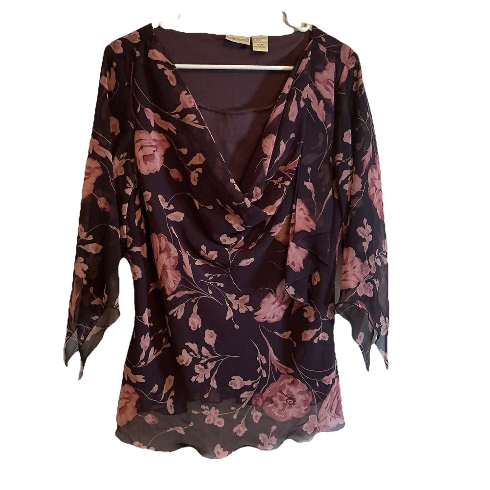 FASHION BUG Women's Purple Floral Semi-Sheer Layer Look Top Blouse -‎ Size 14/16